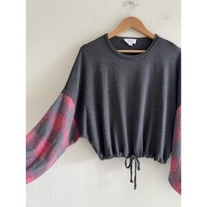 For The Republic Top Sz.XS Fleece Plaid Balloon Sleeve Cropped Drawstring Grunge